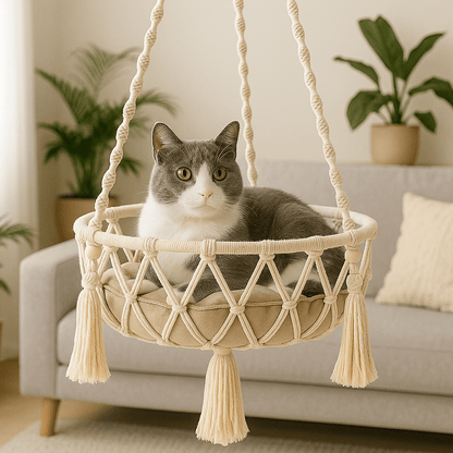 chat gris blanc dans son hamac pour chat suspendu confortable