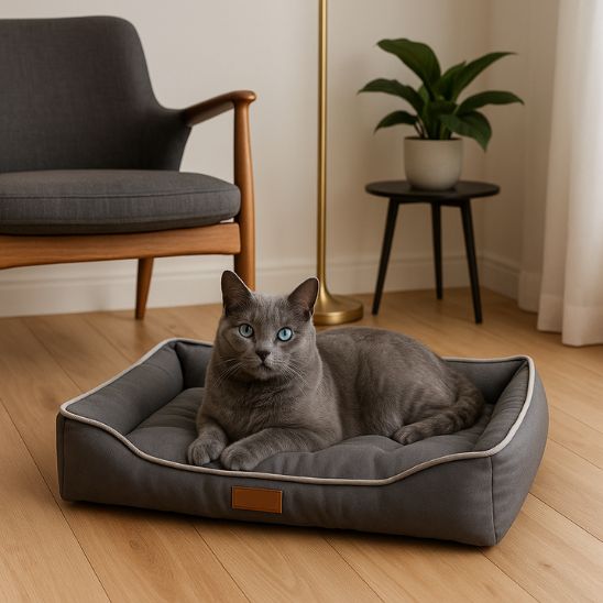 chat gris dans chat panier rectangulaire gris confortable