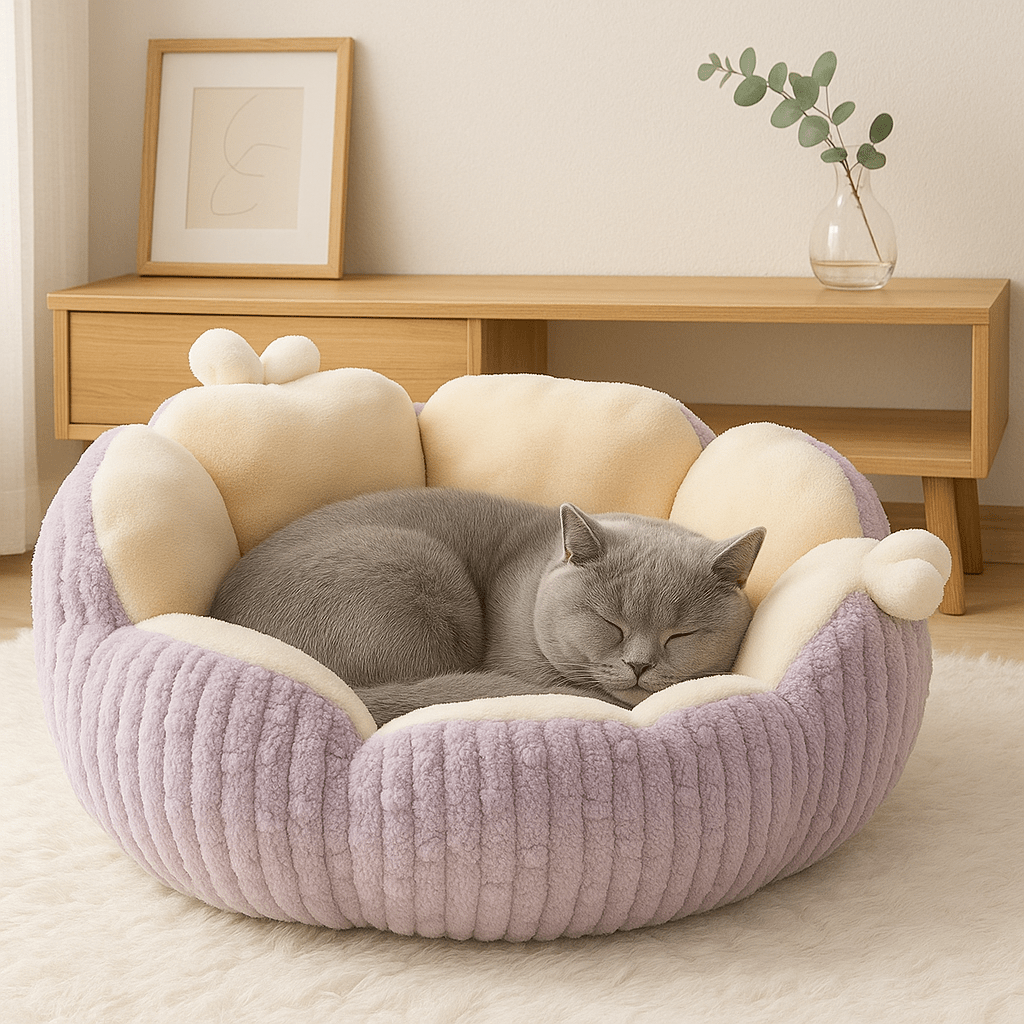 chat gris dans coussin pour chat design fleur moelleux violet