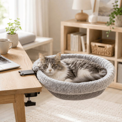 chat gris dans hamac chat suspendu bureau gris confortable