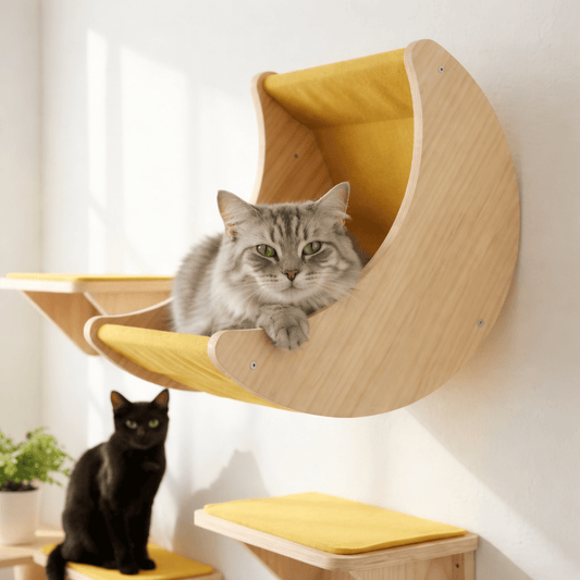 chat gris dans hamac pour chat mural forme croissant confortable