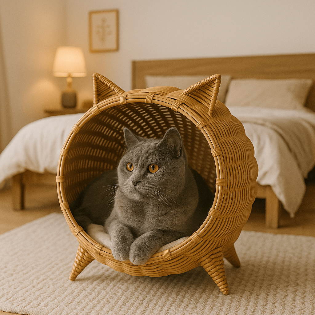 chat gris dans panier chat osier design chat confortable respirant
