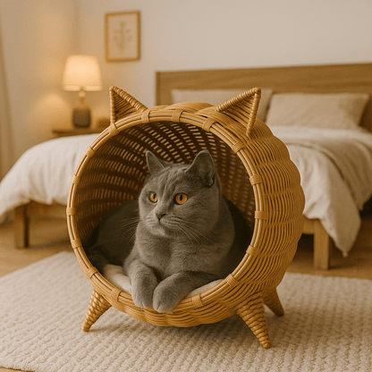 chat gris dans panier chat osier design chat confortable respirant