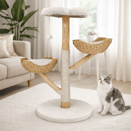 chat gris devant petit arbre a chat nuage en bois