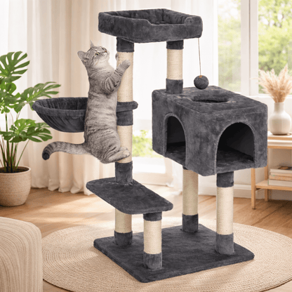 chat gris grimpant dans arbre à chat 100cm confortable