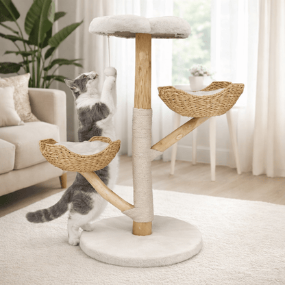 chat gris jouant sur petit arbre a chat nuage en bois 