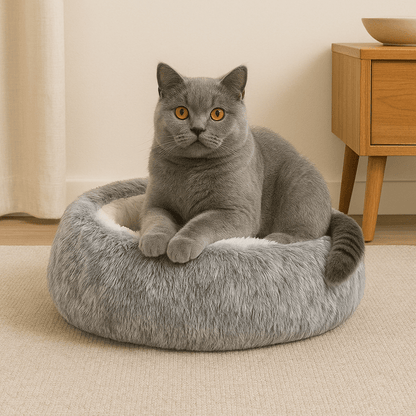 chat gris sur grotte coussin chat rond gris peluche douce