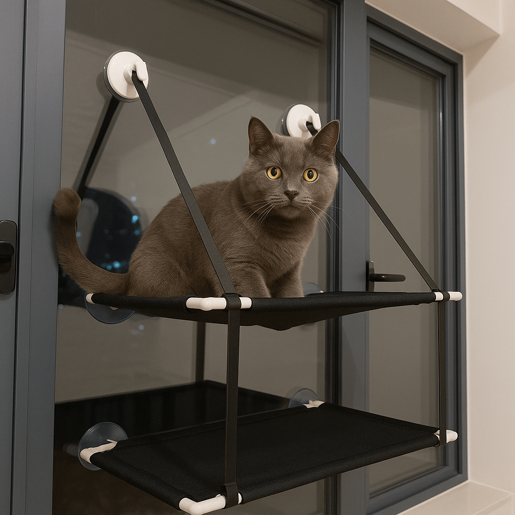 chat gris sur hamac chat fenetre double etage noir confortable