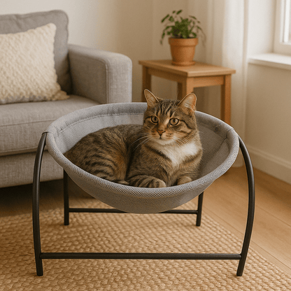 chat installe dans hamac pour chat forme dome confortable gris
