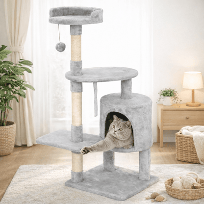 chat jouant dans arbre a chat 112cm gris clair