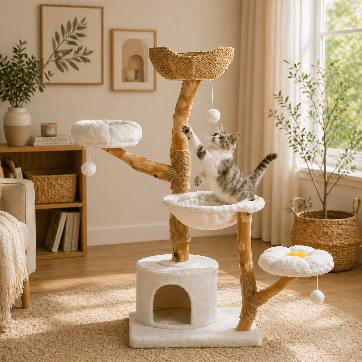 chat jouant dans arbre a chat nuage tronc bois confortable