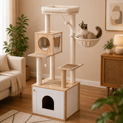 chat jouant dans arbre a chat scandinave bois multifonctions