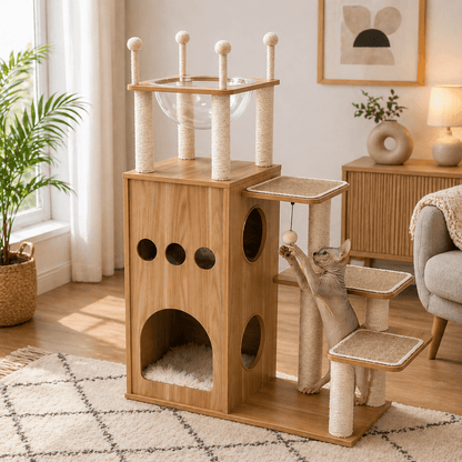 chat jouant dans arbre a chat scandinave design bois elegant