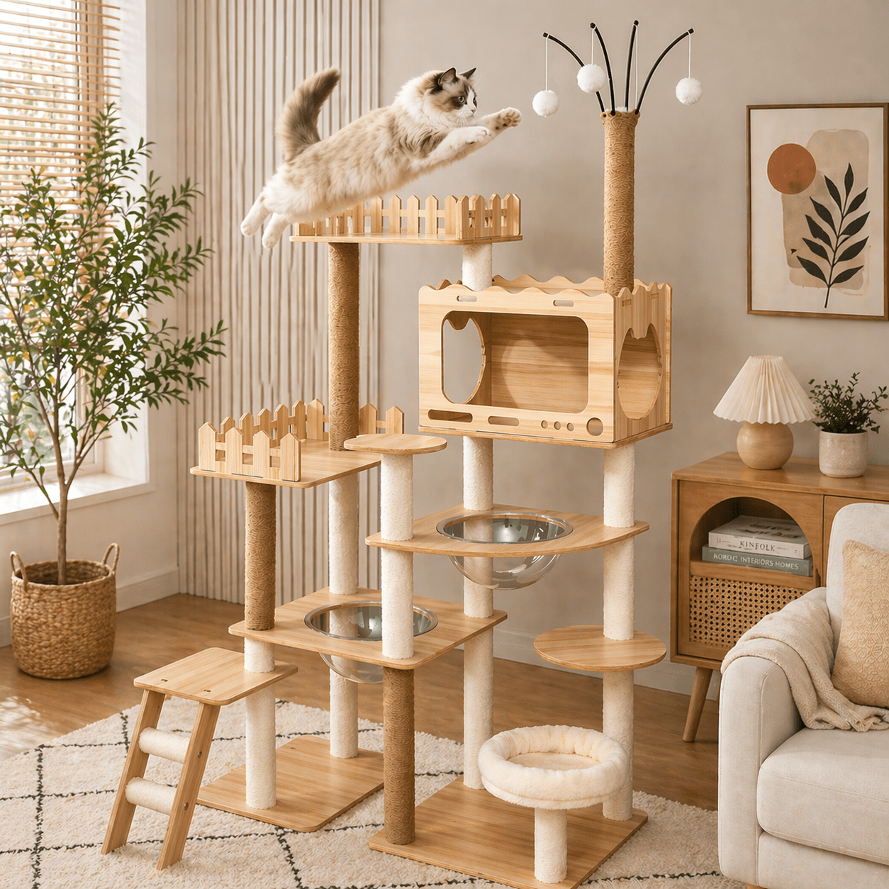 chat jouant dans arbre a chat scandinave stable elegant