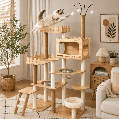 chat jouant dans arbre a chat scandinave stable elegant