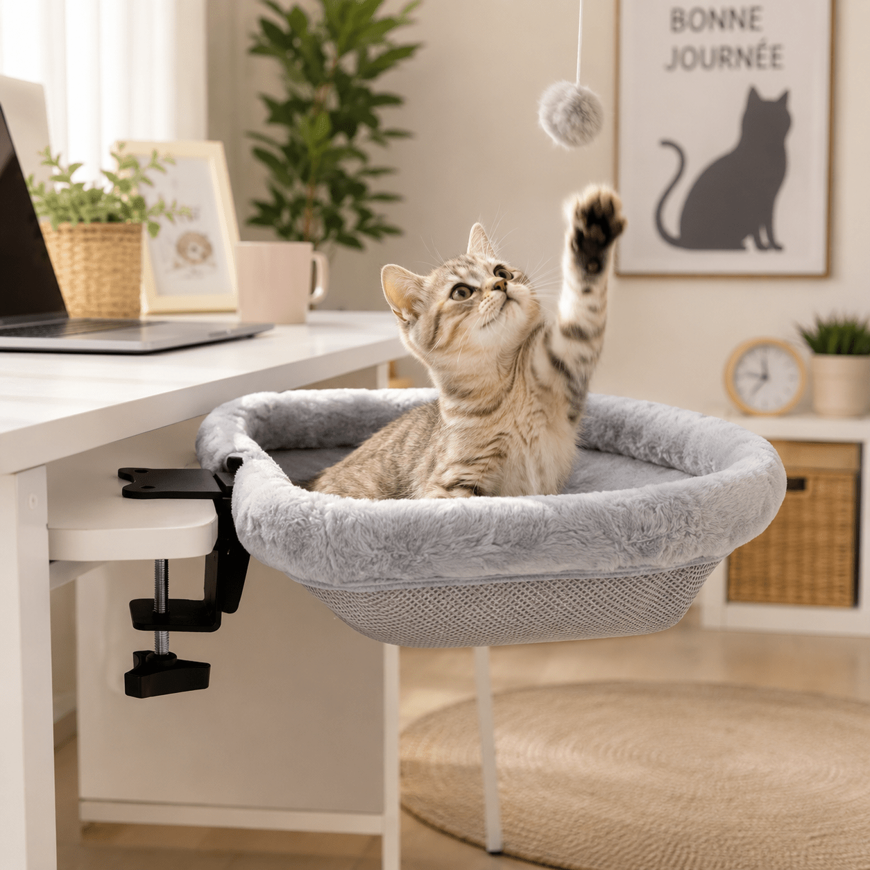 chat jouant dans hamac chat suspendu bureau gris confortable