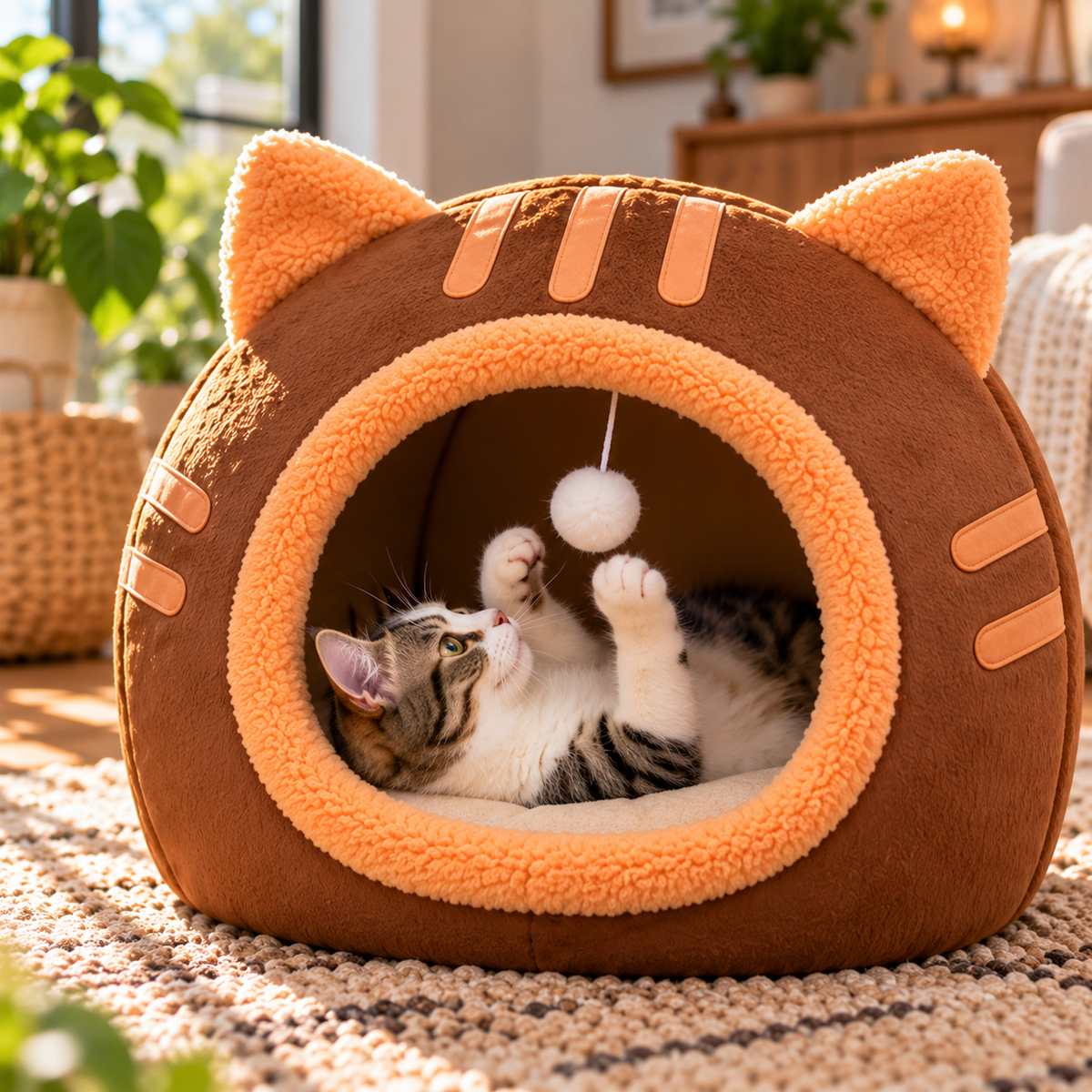 chat jouant dans lit pour chat meownest marron confortable chaleureux