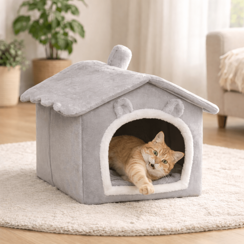 chat jouant dans maison chat douce confortable grise