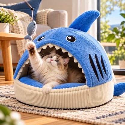 chat jouant dans niche chat design requin