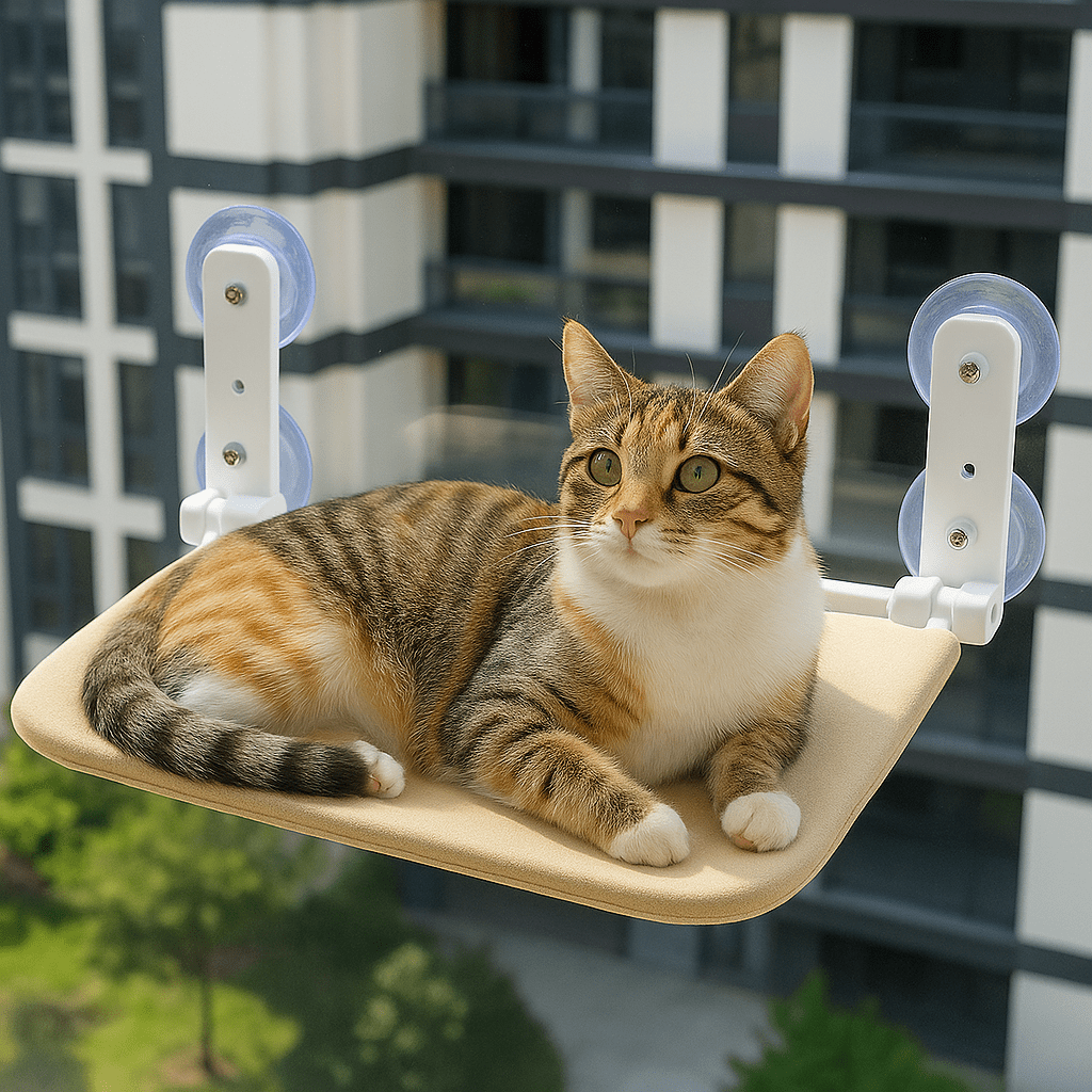 chat mignon allonge sur hamac chat fenetre ventouses confortable beige