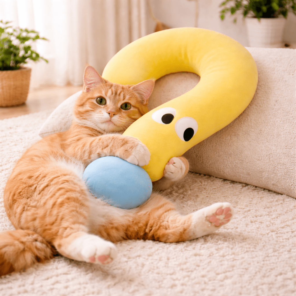 chat mignon avec coussin à chat jaune design interrogatif