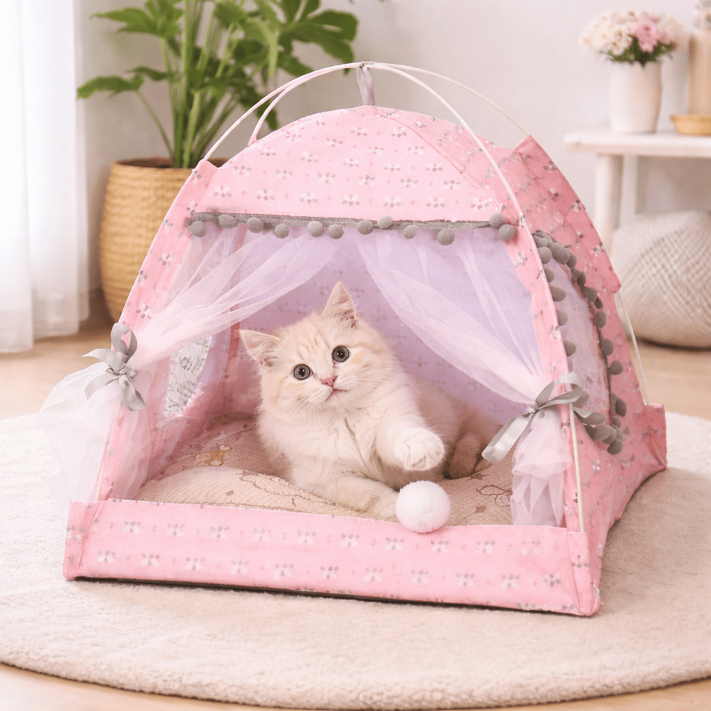 chat mignon couche dans tente pour chat fleuri confortable rose