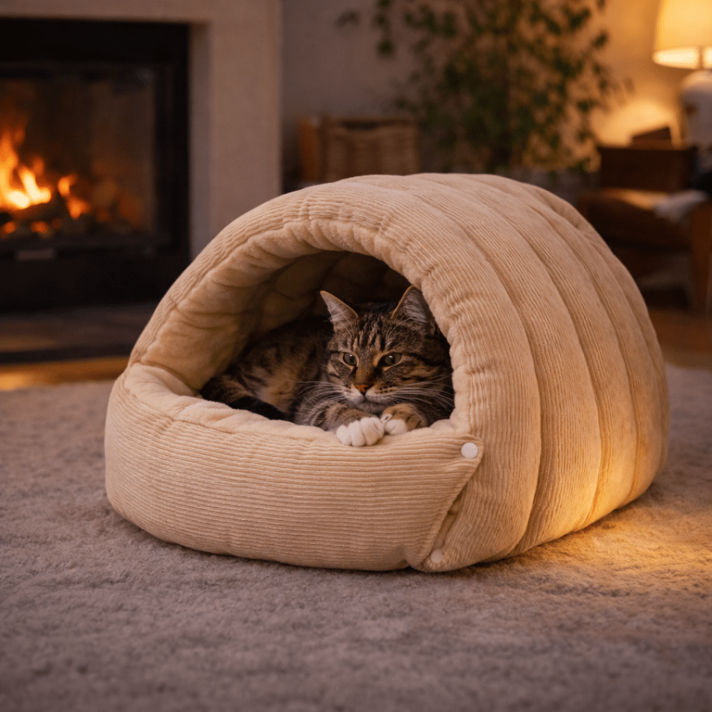 chat mignon dans chat niche chaude semi fermee beige