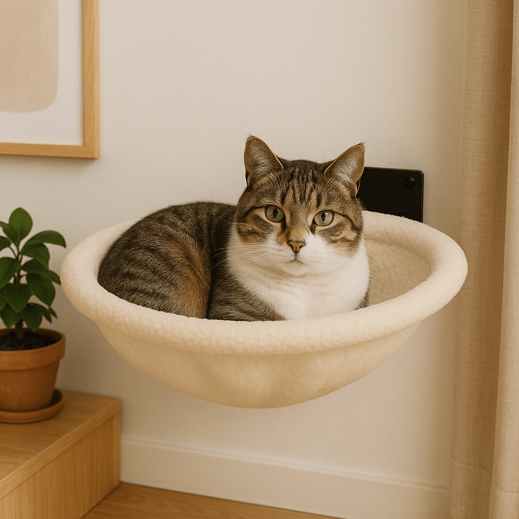 chat mignon dans hamac pour chat mural rond confortable blanc