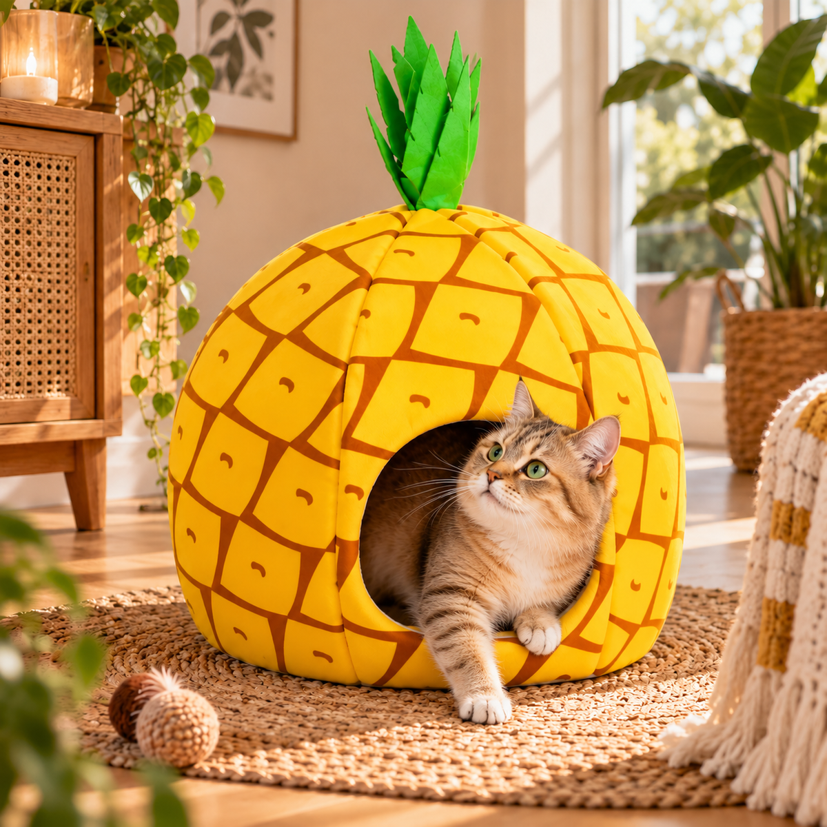 chat mignon dans niche chat chauffante design ananas