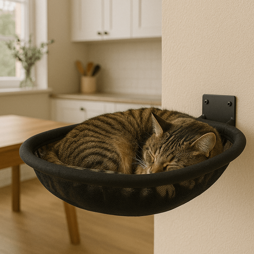 chat mignon dormant dans hamac pour chat mural rond confortable noir