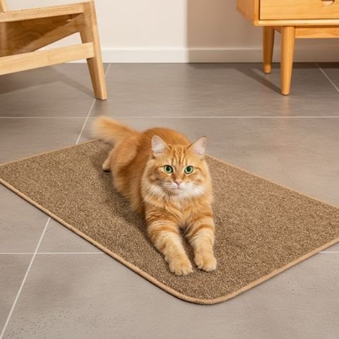 chat mignon orange sur tapis griffoir chat brun