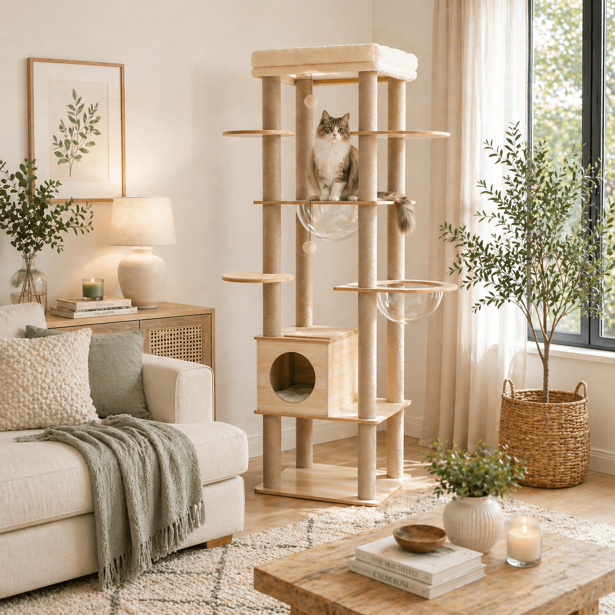 chat mignon sur arbre a chat scandinave compact plusieurs niveaux bois