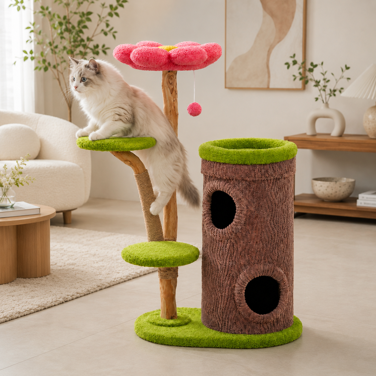 chat montant dans arbre à chat design foret