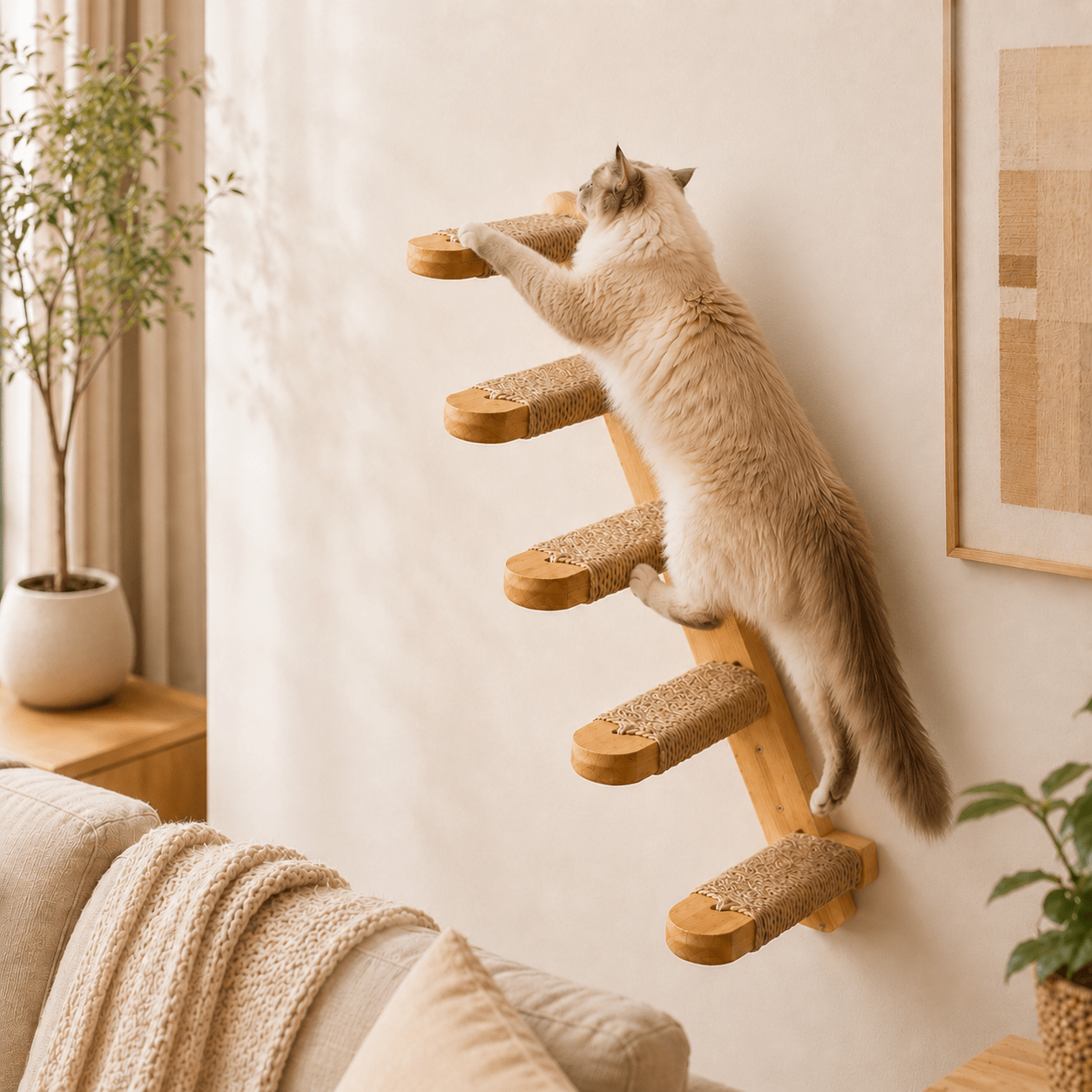 chat montant marches murales bois pour chat avec corde sisal