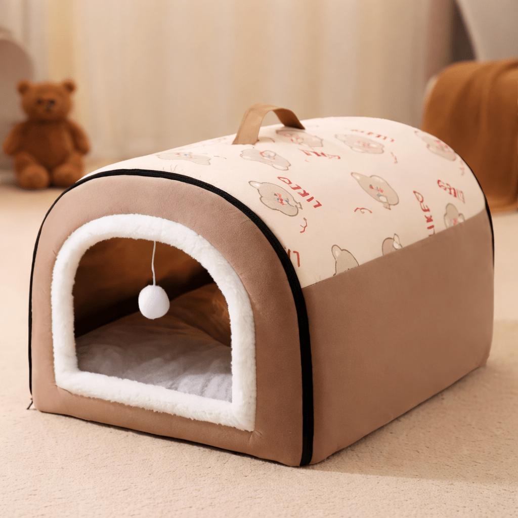 chat niche portative brune confortable avec balle