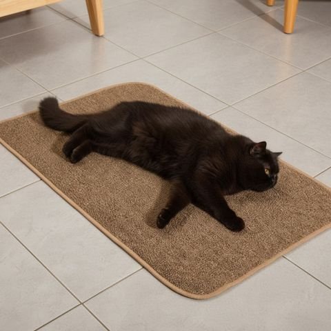 chat noir allonger sur tapis griffoir chat brun
