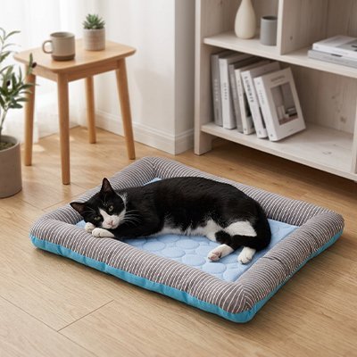 chat noir allonger sur tapis rafraichissant chat bleu