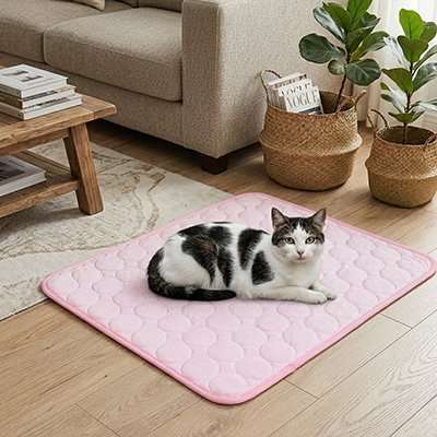 chat noir blanc sur tapis rafraichissant chat rose