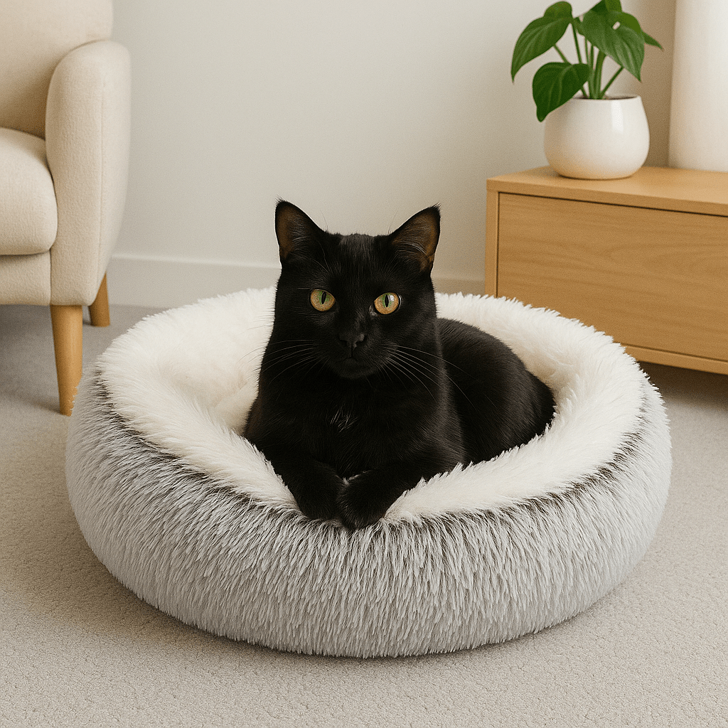 chat noir dans coussin à chat rond brun doux