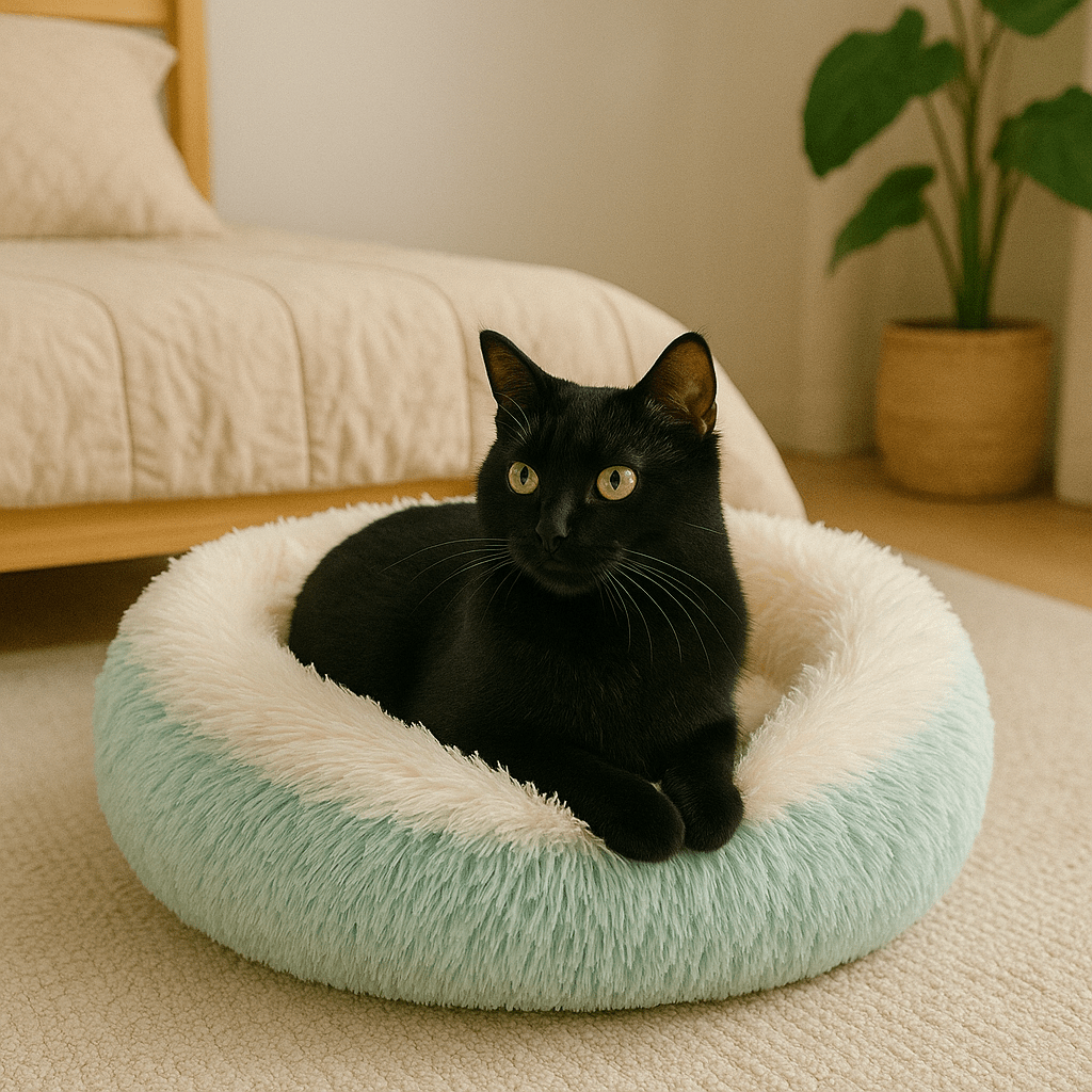 chat noir dans coussin à chat rond turquoise doux