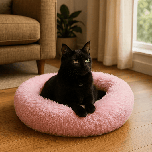 chat noir dans coussin chat peluche douce en rond rose