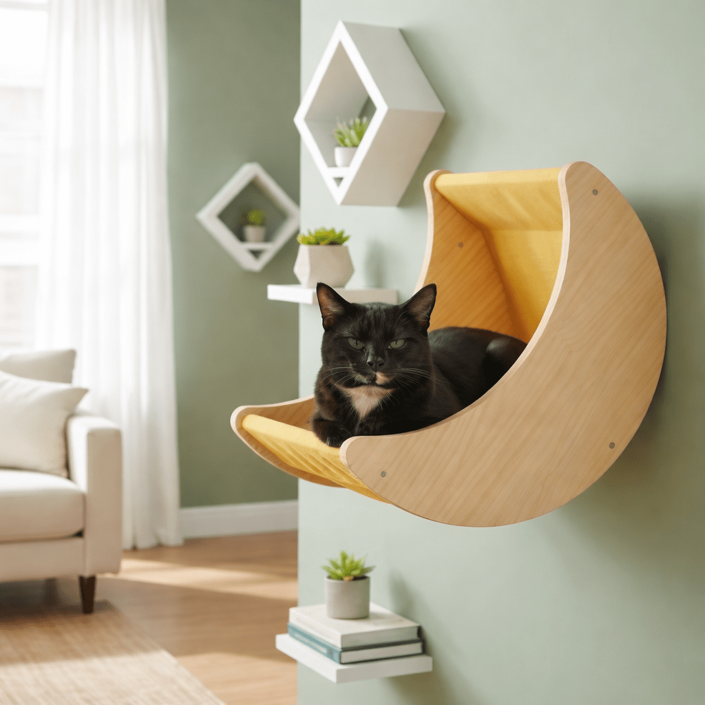 chat noir dans hamac pour chat mural forme croissant confortable