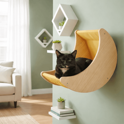 chat noir dans hamac pour chat mural forme croissant confortable