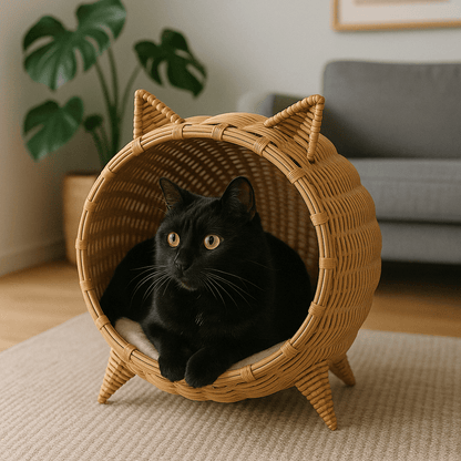 chat noir dans panier chat osier design chat confortable respirant