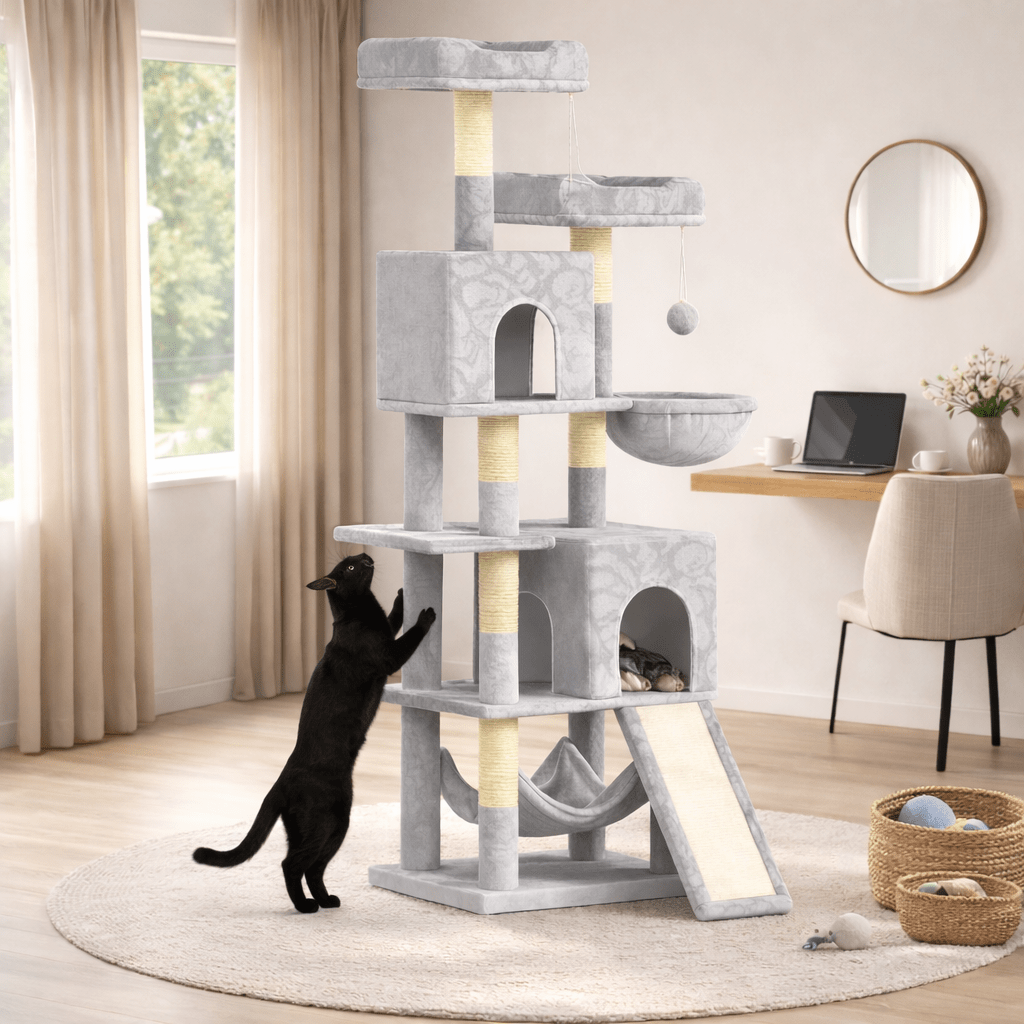 chat noir debout devant arbre à chat majestueux 158cm