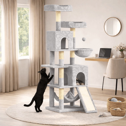 chat noir debout devant arbre à chat majestueux 158cm