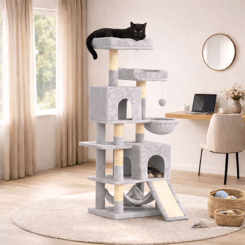chat noir perche sur arbre à chat stable majestueux 158cm