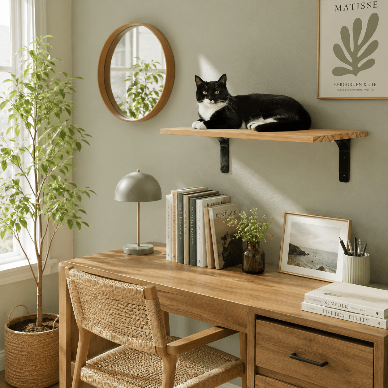 chat noir sur tablette murale bois stable