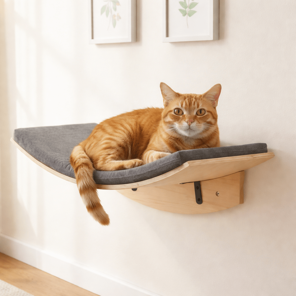 chat orange allonge sur hamac chat mural confortable gris