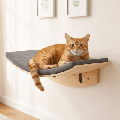 chat orange allonge sur hamac chat mural confortable gris